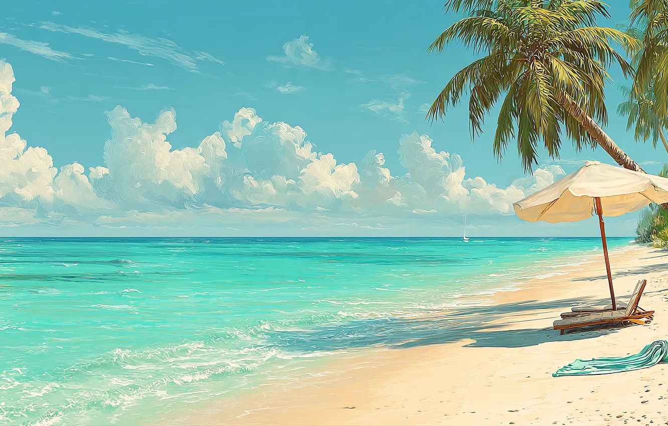 Photo wallpaper sand, sea, wave, beach, the sky, clouds, tropics, blue