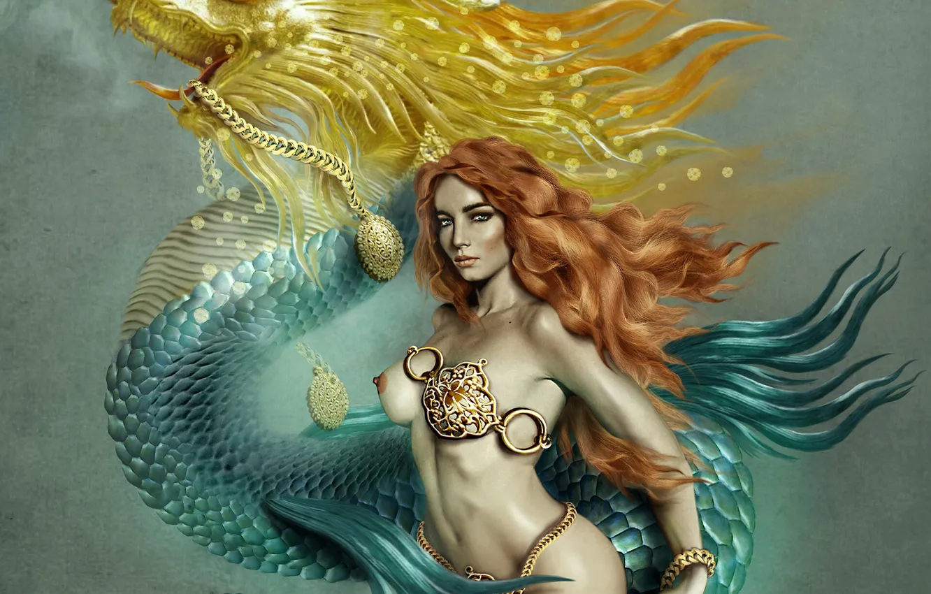 Photo wallpaper girl, dragon, chain, Nude, Irina Mollova