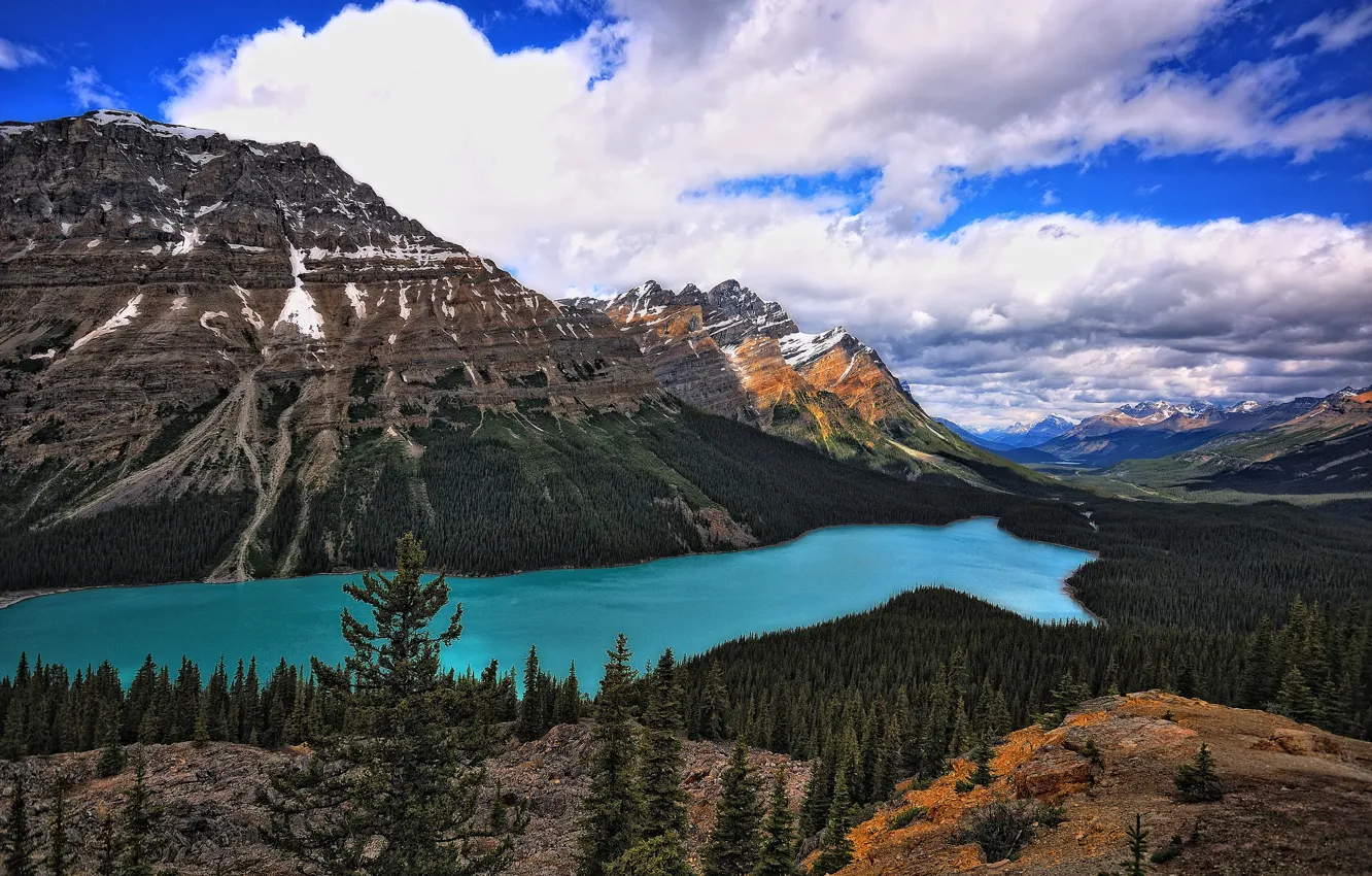 Photo wallpaper the sky, clouds, trees, mountains, lake