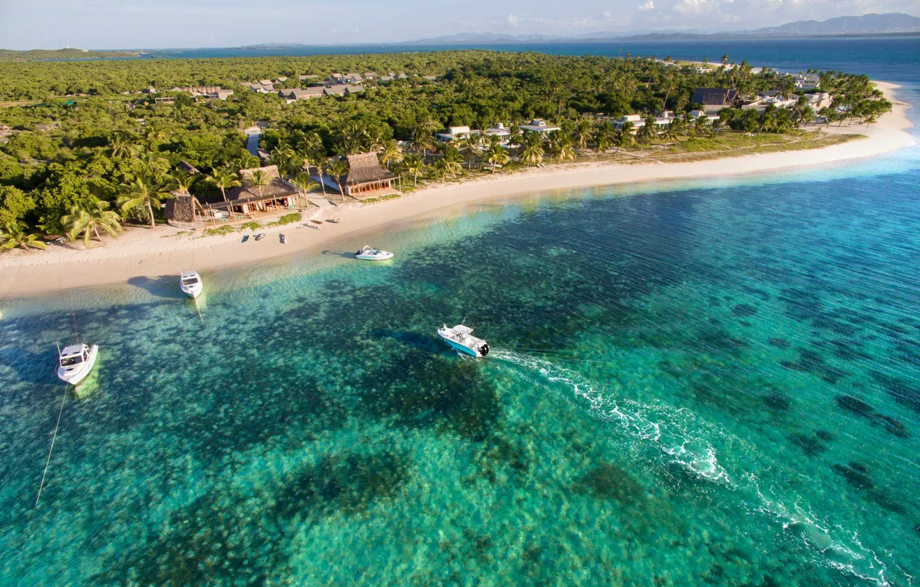 Photo wallpaper palm trees, the ocean, coast, boat, home, Madagascar, Madagascar, Time and Tide