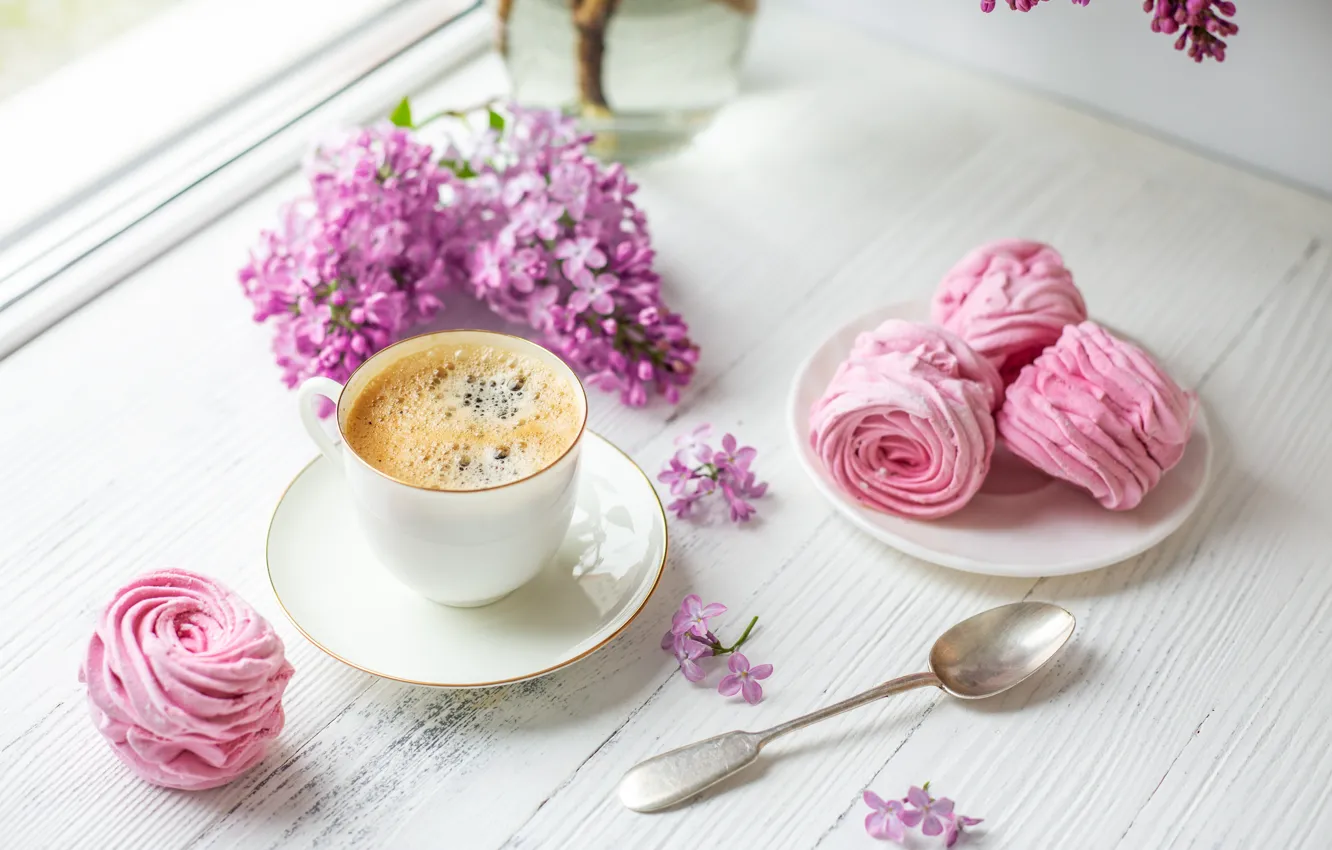 Photo wallpaper flowers, cake, pink, lilac, morning, coffee cup, marshmallows, lilac