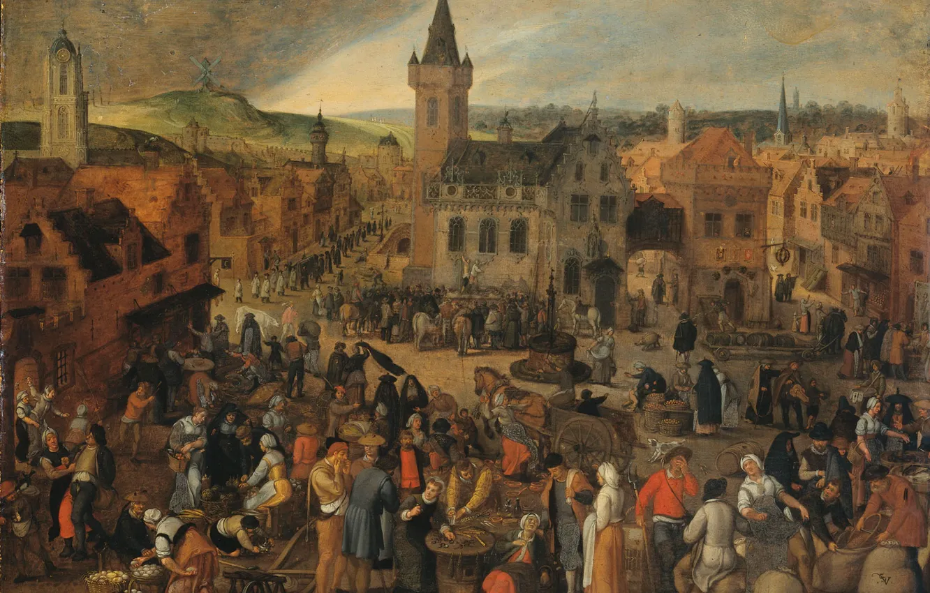 Photo wallpaper oil, picture, Sebastian Vranx, 1647, Market day in a Flemish town, Sebastiaan Vrancx