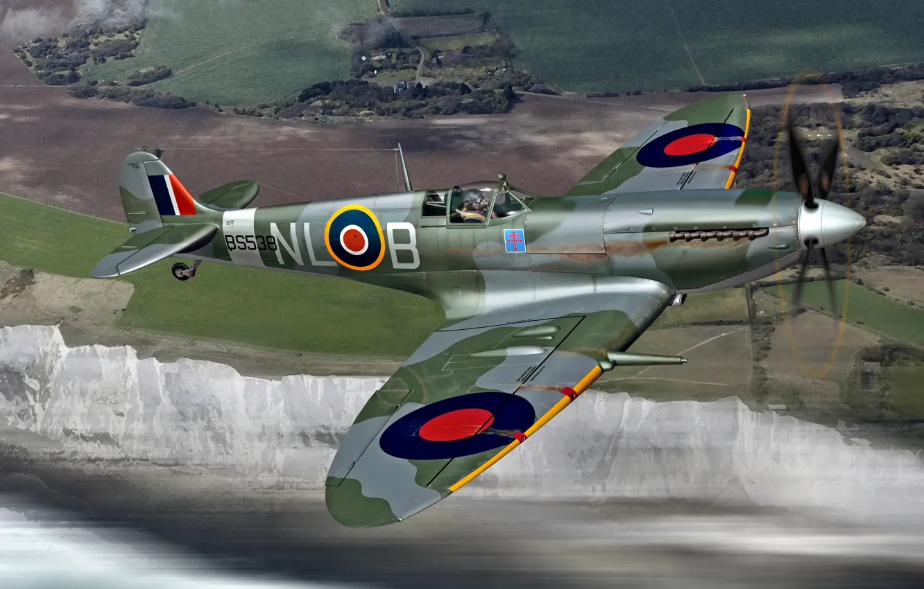 Photo wallpaper fighter, Supermarine, Royal Air Force, Spitfire Mk.IXc, 341 Squadron RAF, flown by Sgt Pierre Clostermann