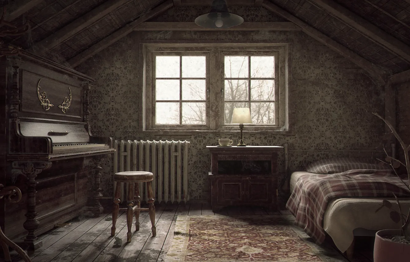 Photo wallpaper art, piano, attic, Vitaliy Koshevyy, An abandoned Attic