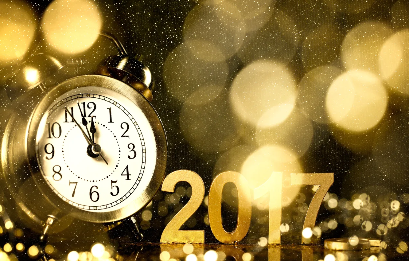 Photo wallpaper watch, New Year, alarm clock, gold, new year, happy, bokeh, champagne