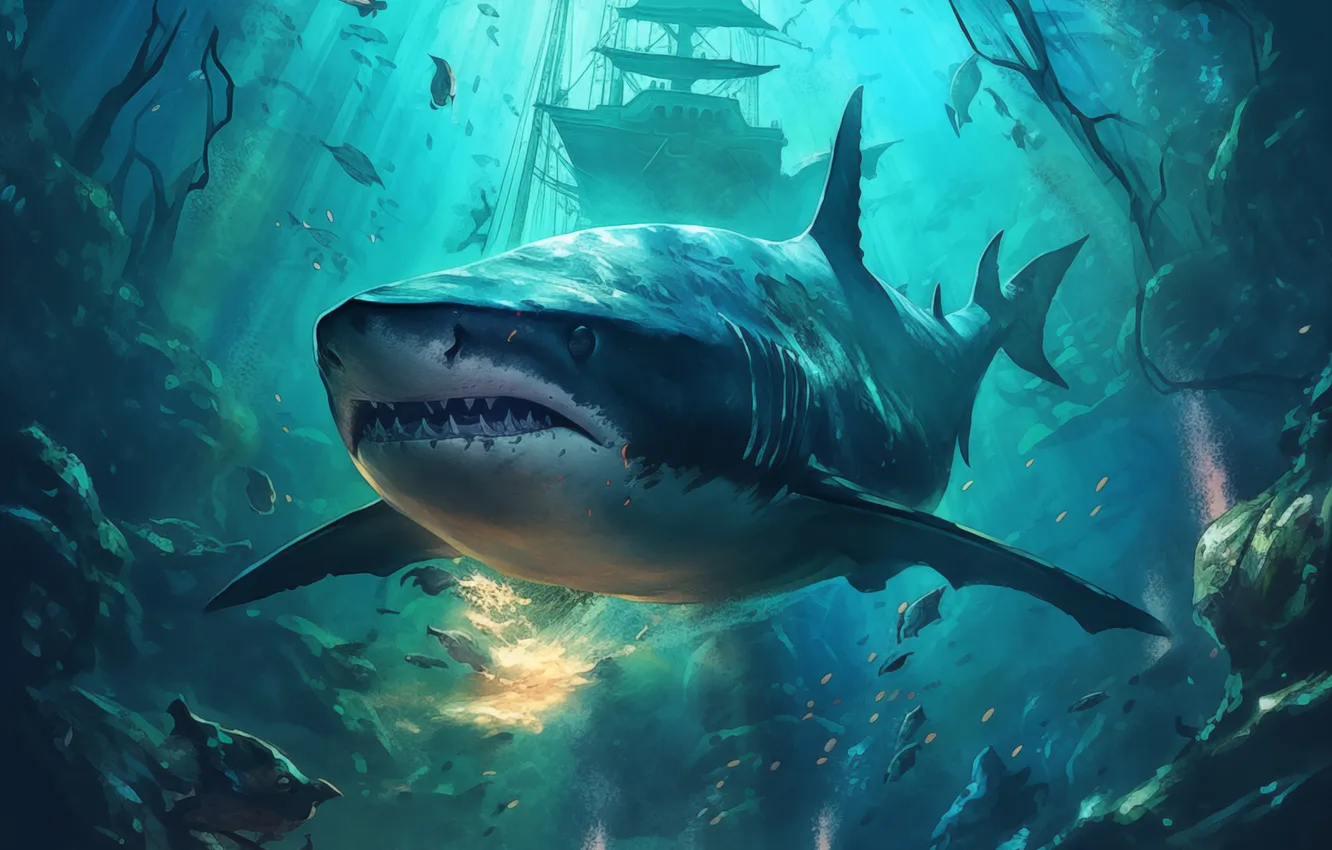 Photo wallpaper face, ship, predator, shark, underwater world, digital art, AI art, The Art of Artificial Intelligence