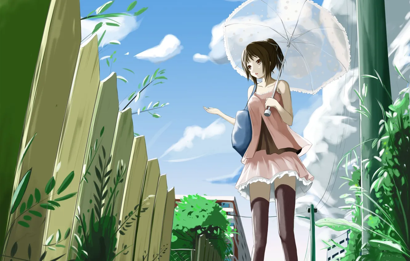 Photo wallpaper Umbrella, girl, Anime, kyaro54, kyaro, The fence.