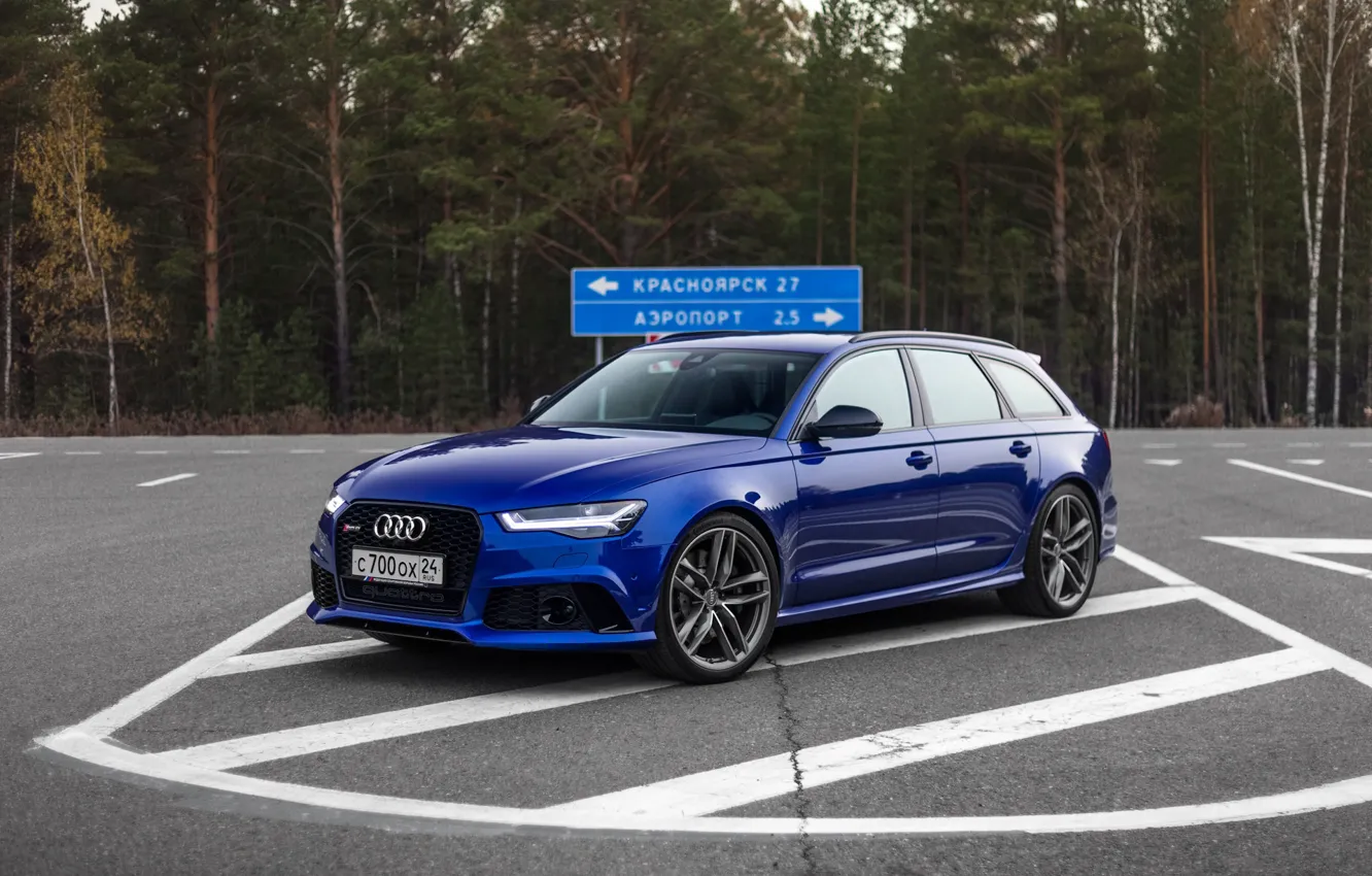 Photo wallpaper Audi, Russia, Blue, Before, Forest, RS6, Asphalt