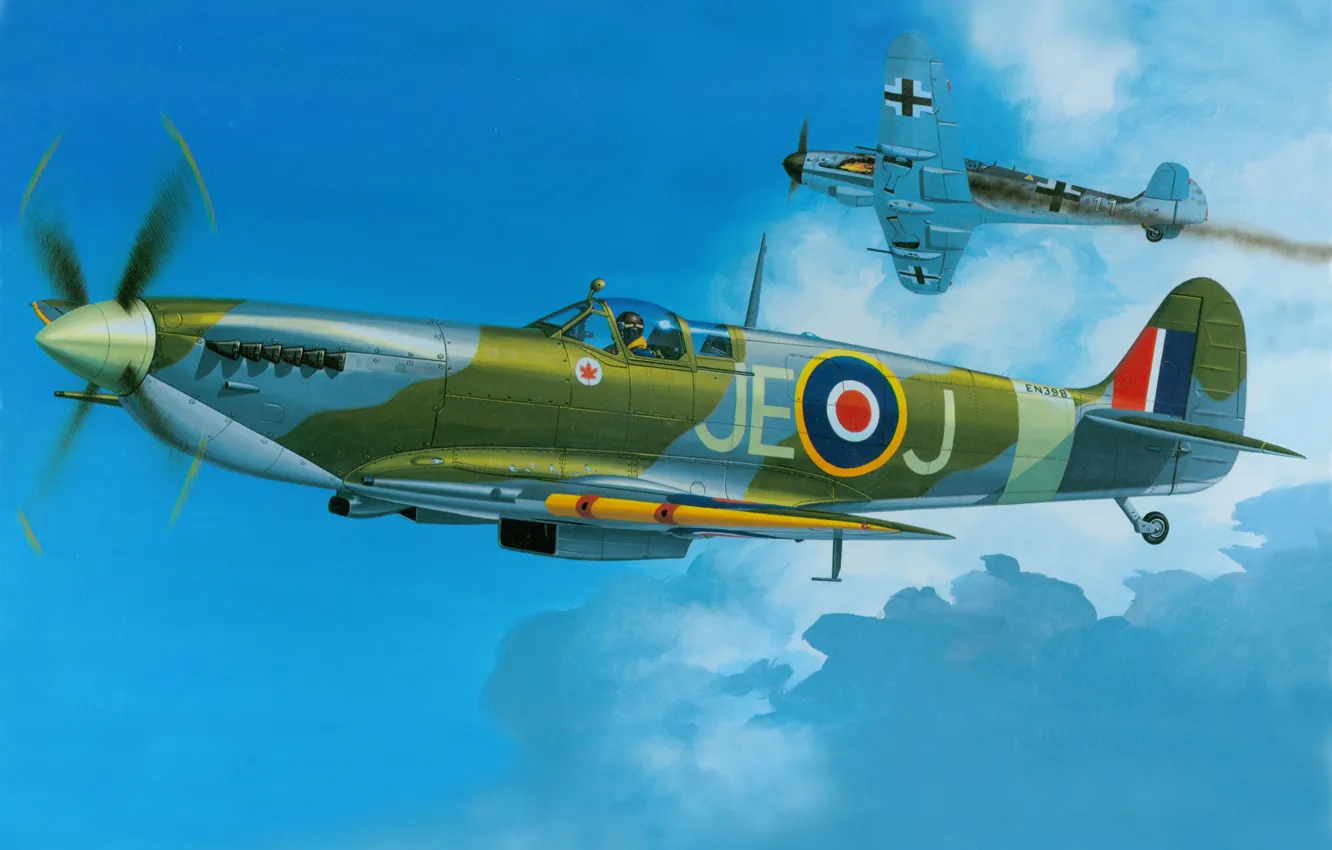 Photo wallpaper aircraft, war, art, spitfire, airplane, aviation, ww2, dogfight