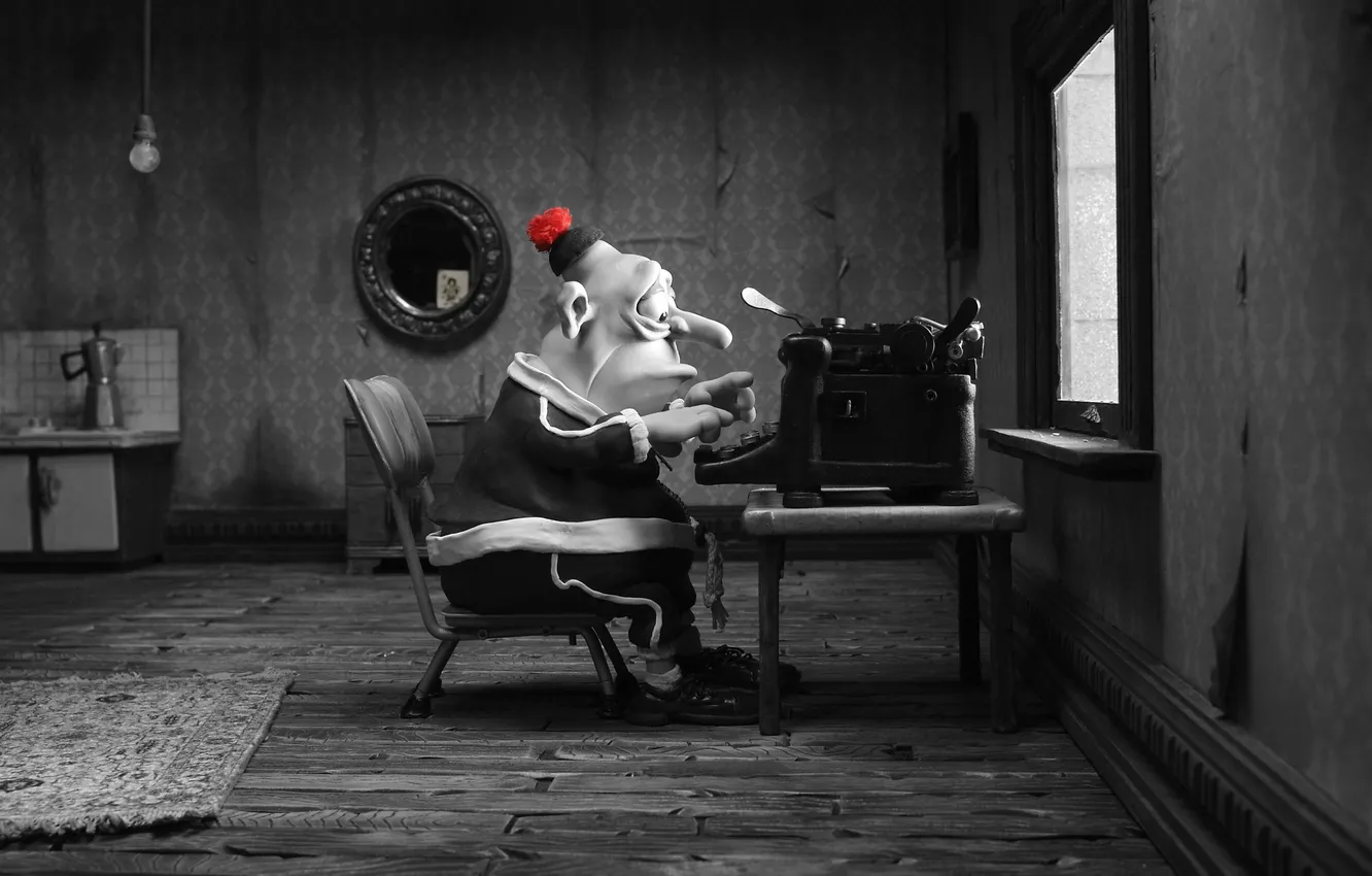 Photo wallpaper cartoon, man, Mary and Max, plasticine, typing