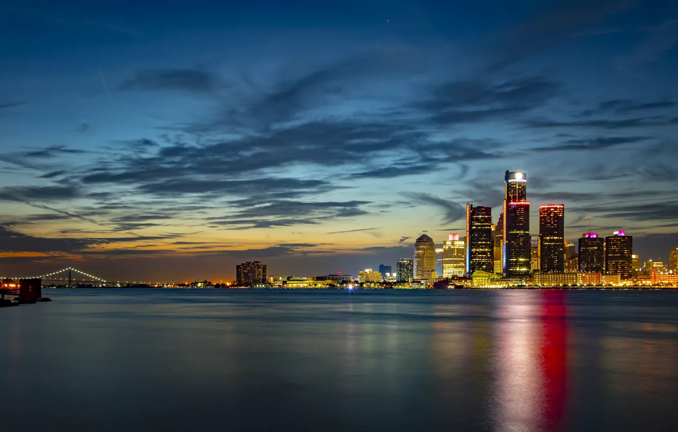 Photo wallpaper the sky, river, building, Michigan, night city, skyscrapers, Detroit, Detroit