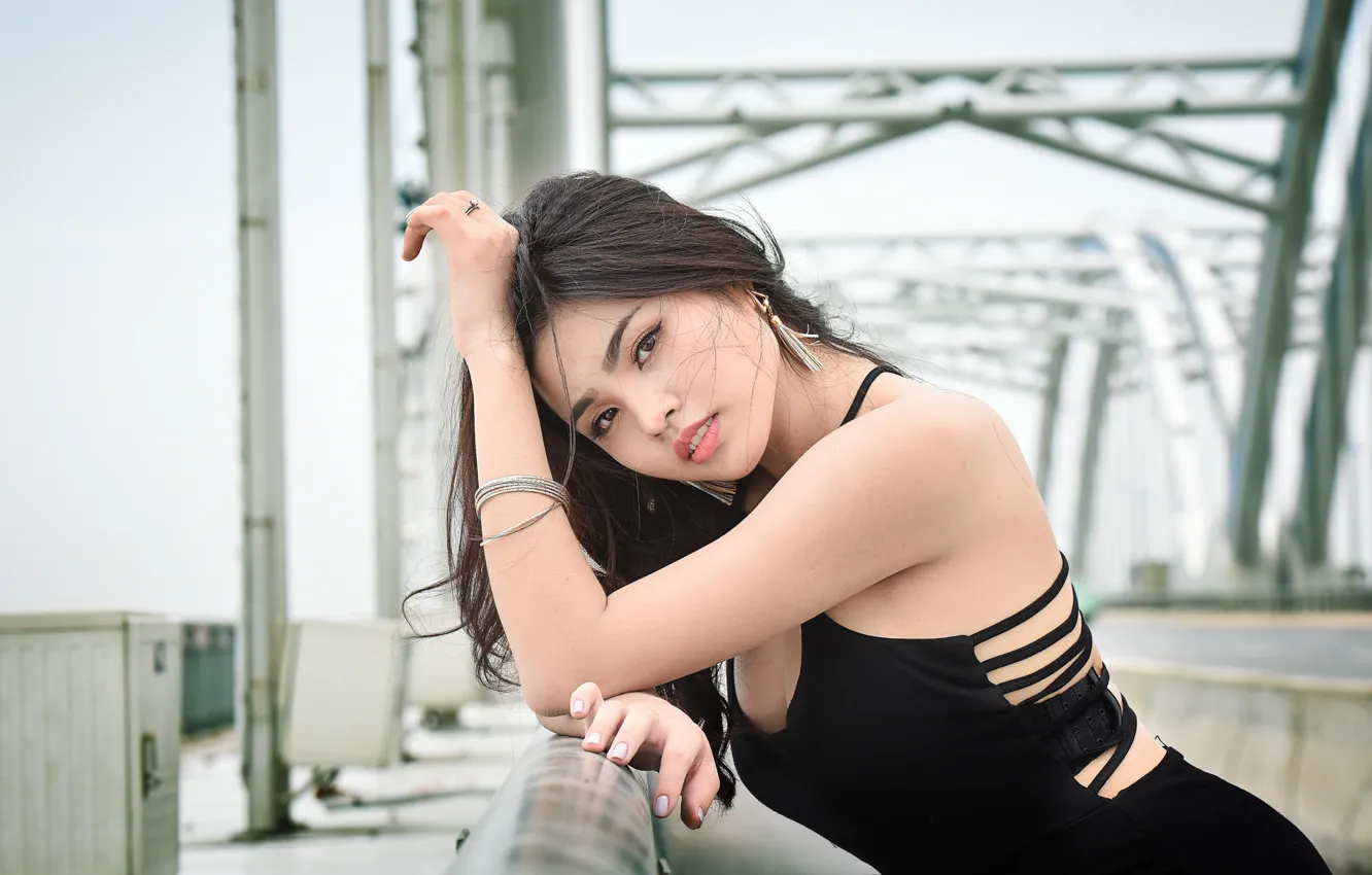 Photo wallpaper look, girl, face, background, hair, dress, Asian