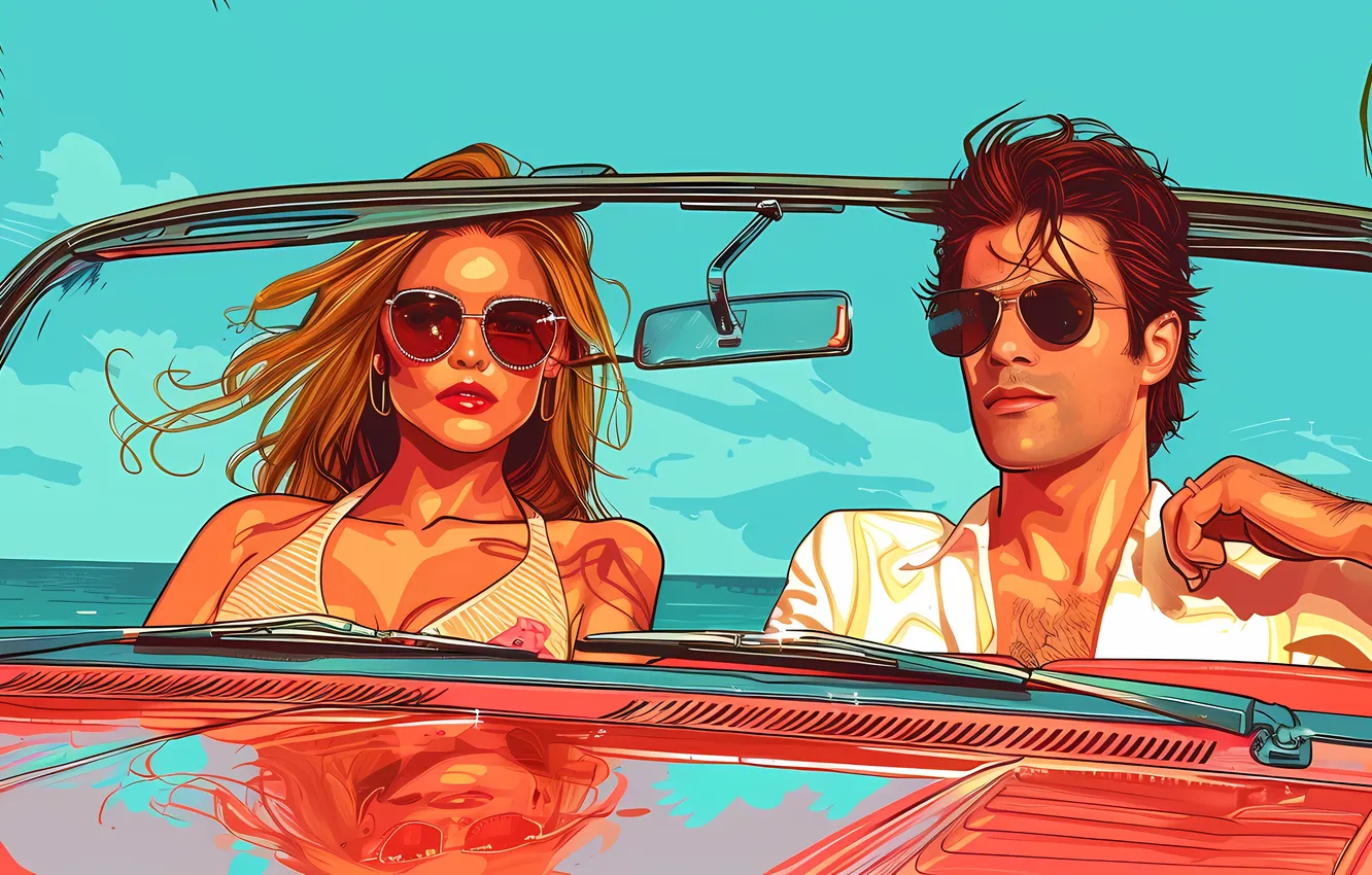 Photo wallpaper sea, girl, clouds, style, retro, palm trees, Hawaii, guy