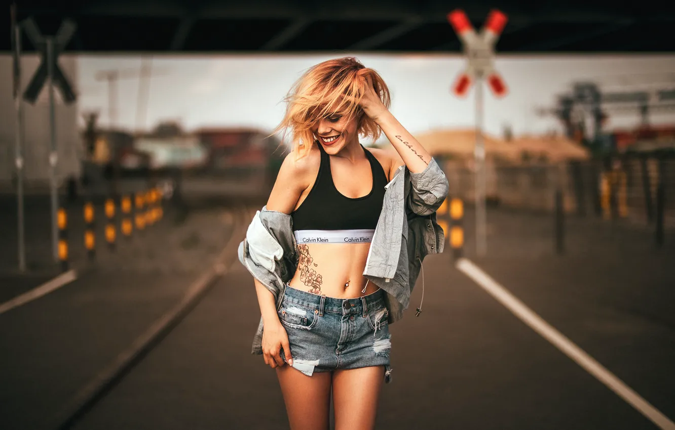 Photo wallpaper girl, smile, style, mood, tattoo