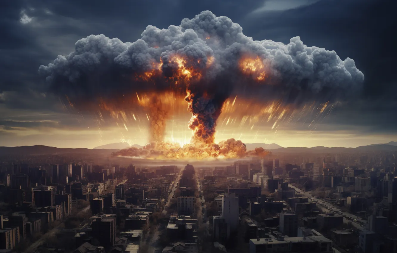 Photo wallpaper the explosion, clouds, the city, lights, mushrooms, home, destruction, a nuclear explosion