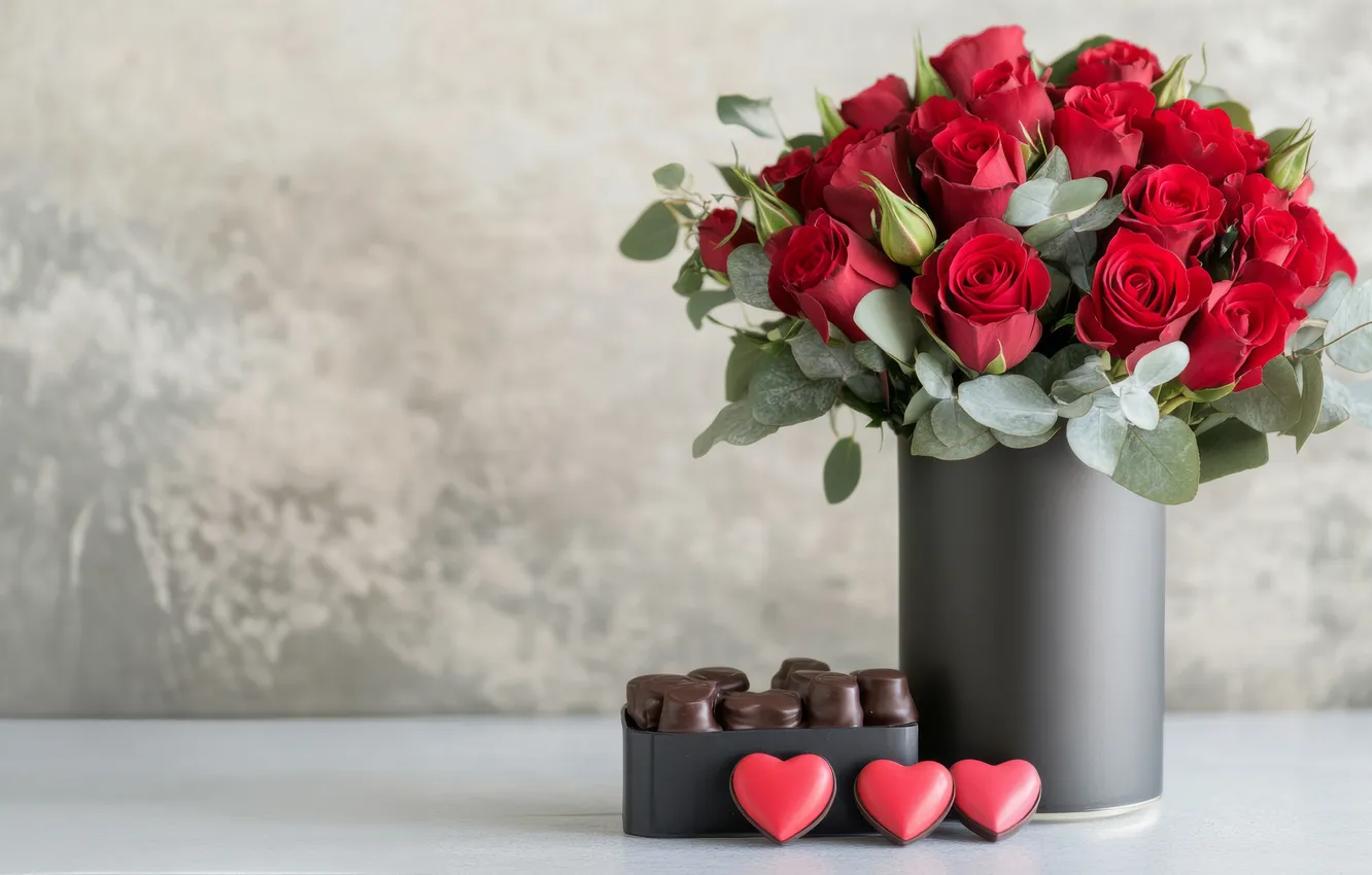 Photo wallpaper Valentine's day, red, flowers, holiday, AI art, heart, vase, bouquet