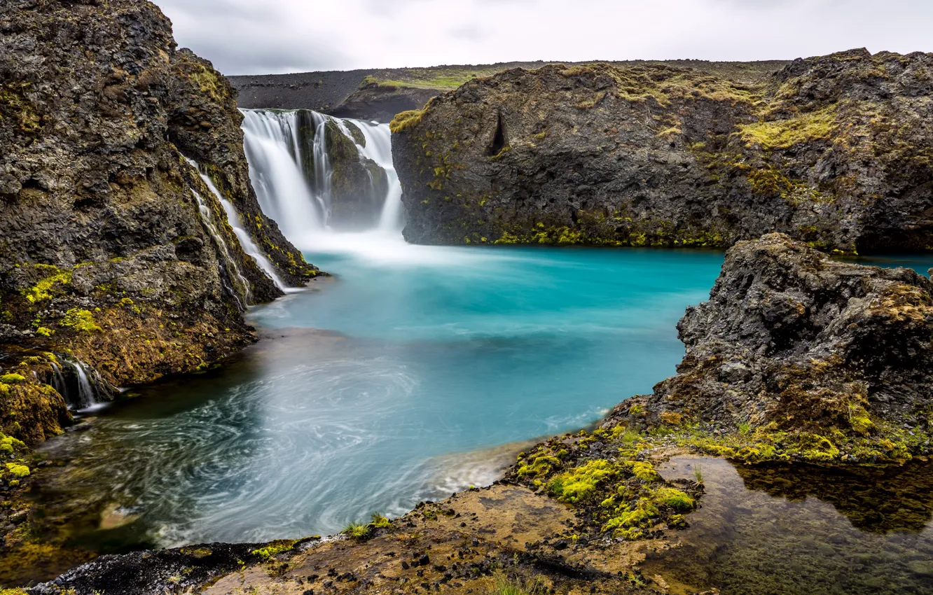 Photo wallpaper stones, rocks, waterfall, Iceland, Sigoldufoss