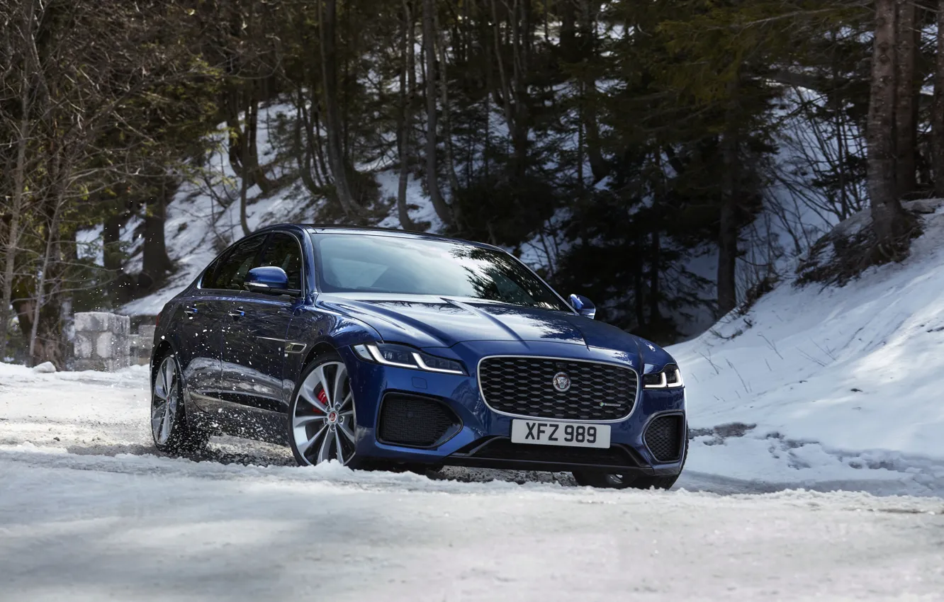 Photo wallpaper winter, snow, blue, Jaguar, sedan, Jaguar XF, 2020, XF