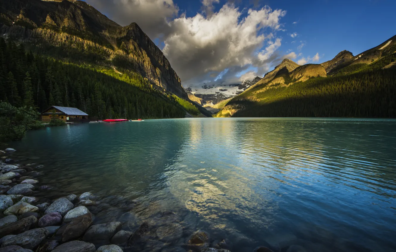 Photo wallpaper forest, mountains, nature, lake, Alberta, Lake Louise, Canada, Canoe