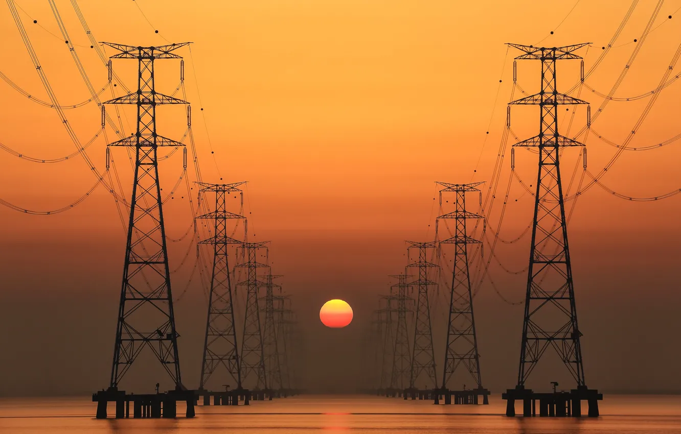 Photo wallpaper the sun, wire, power lines