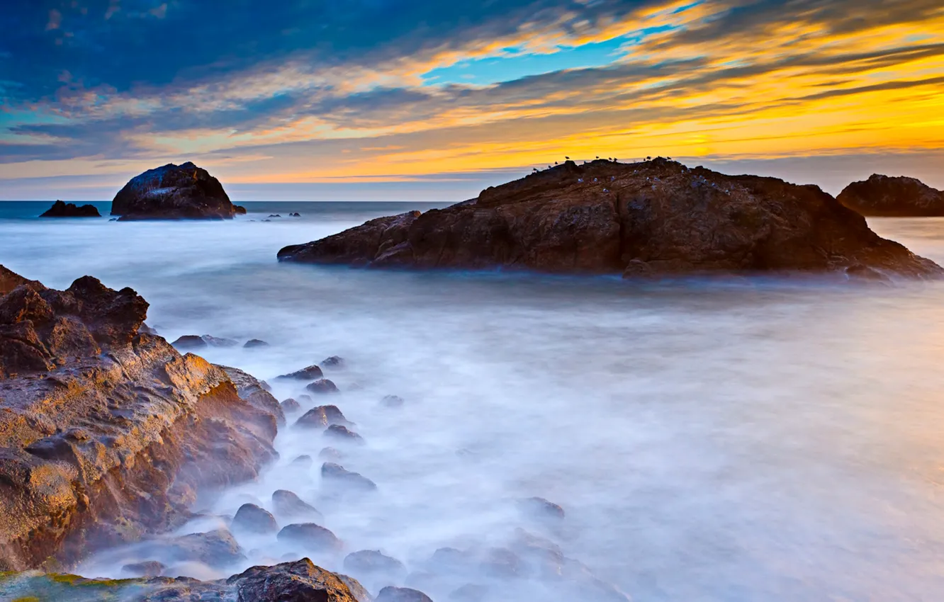 Photo wallpaper sea, clouds, the sky, rocks, stones, sunset
