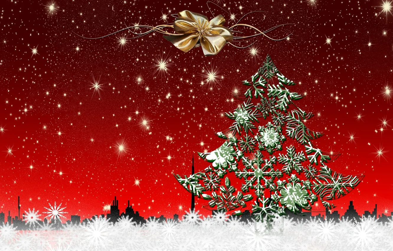 Photo wallpaper snow, decoration, snowflakes, the city, tree, new year