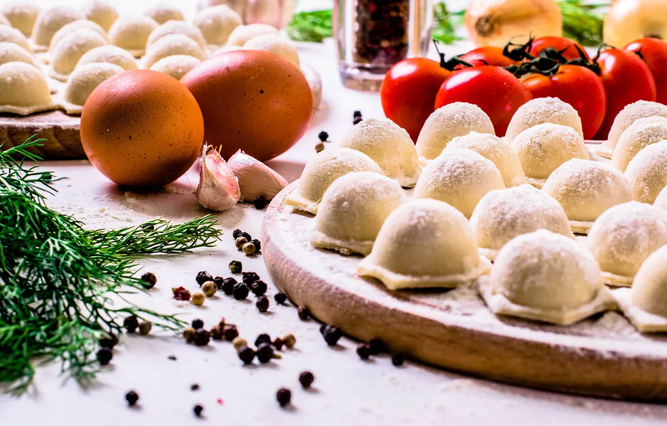 Photo wallpaper table, eggs, dill, pepper, tomatoes, garlic, dumplings, cooking