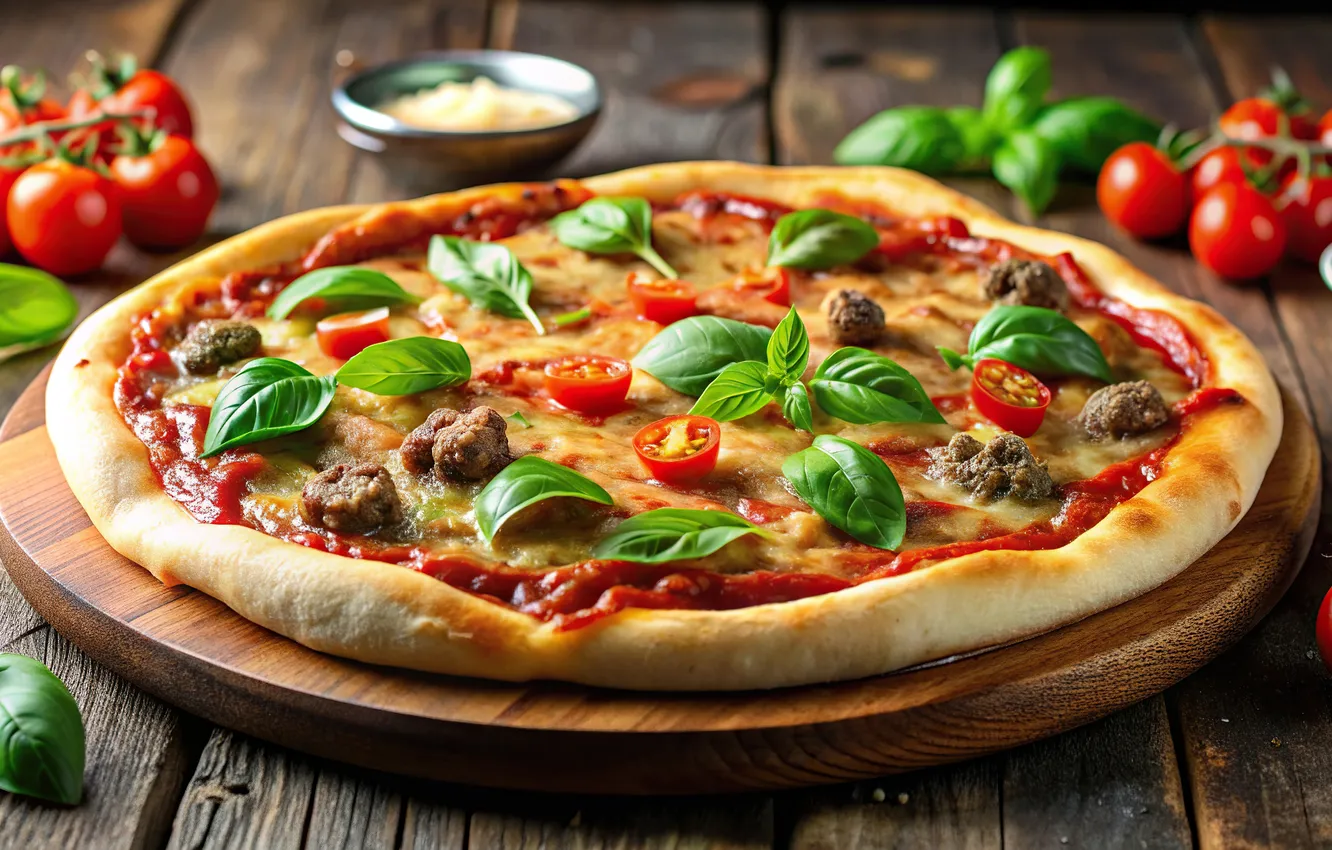 Photo wallpaper table, Board, food, cheese, meat, vegetables, pizza, tomatoes