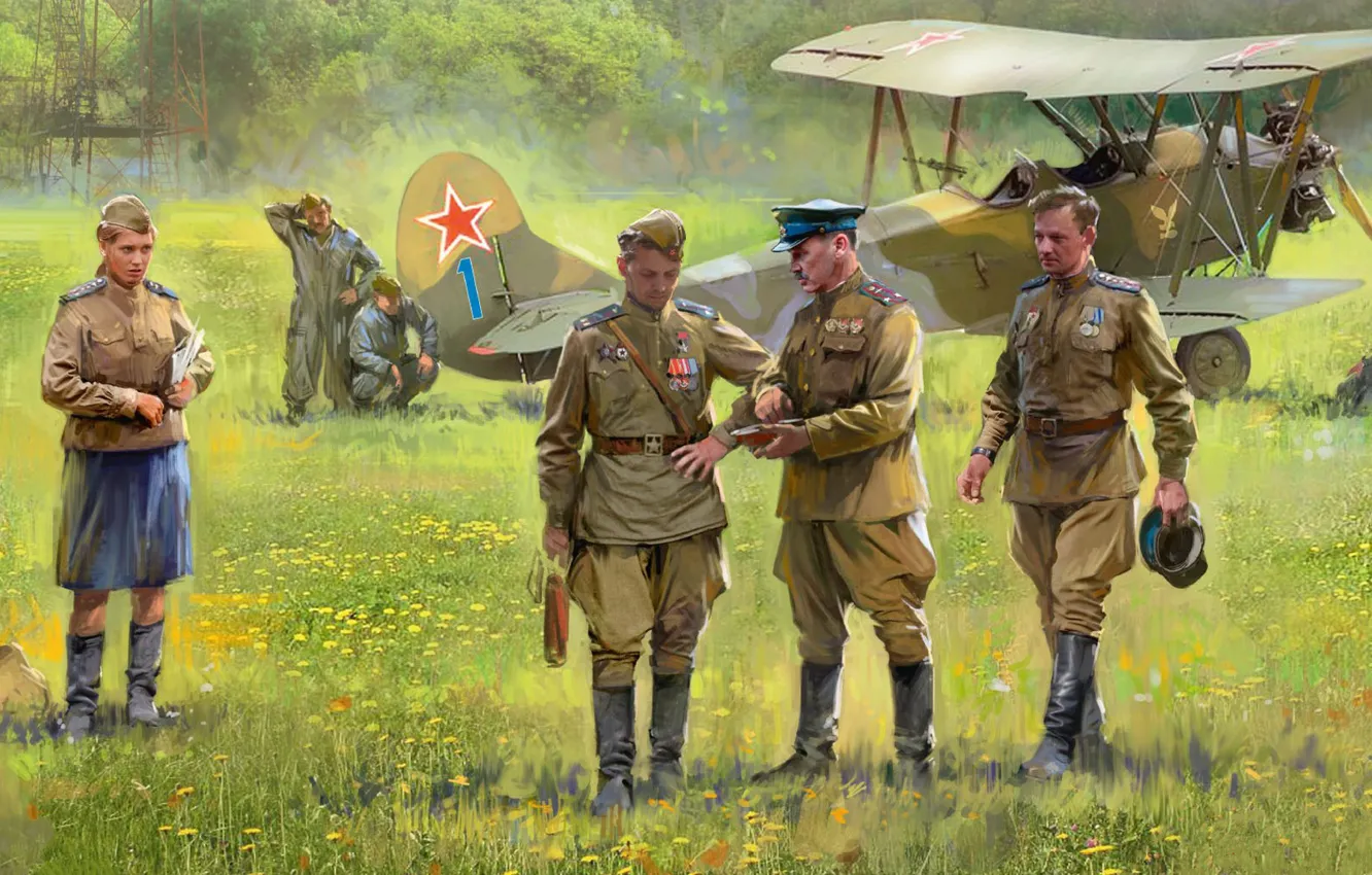 Photo wallpaper USSR, the airfield, pilots, The red army, Soviet multirole biplane, In 2ВС, primary liaison aircraft …