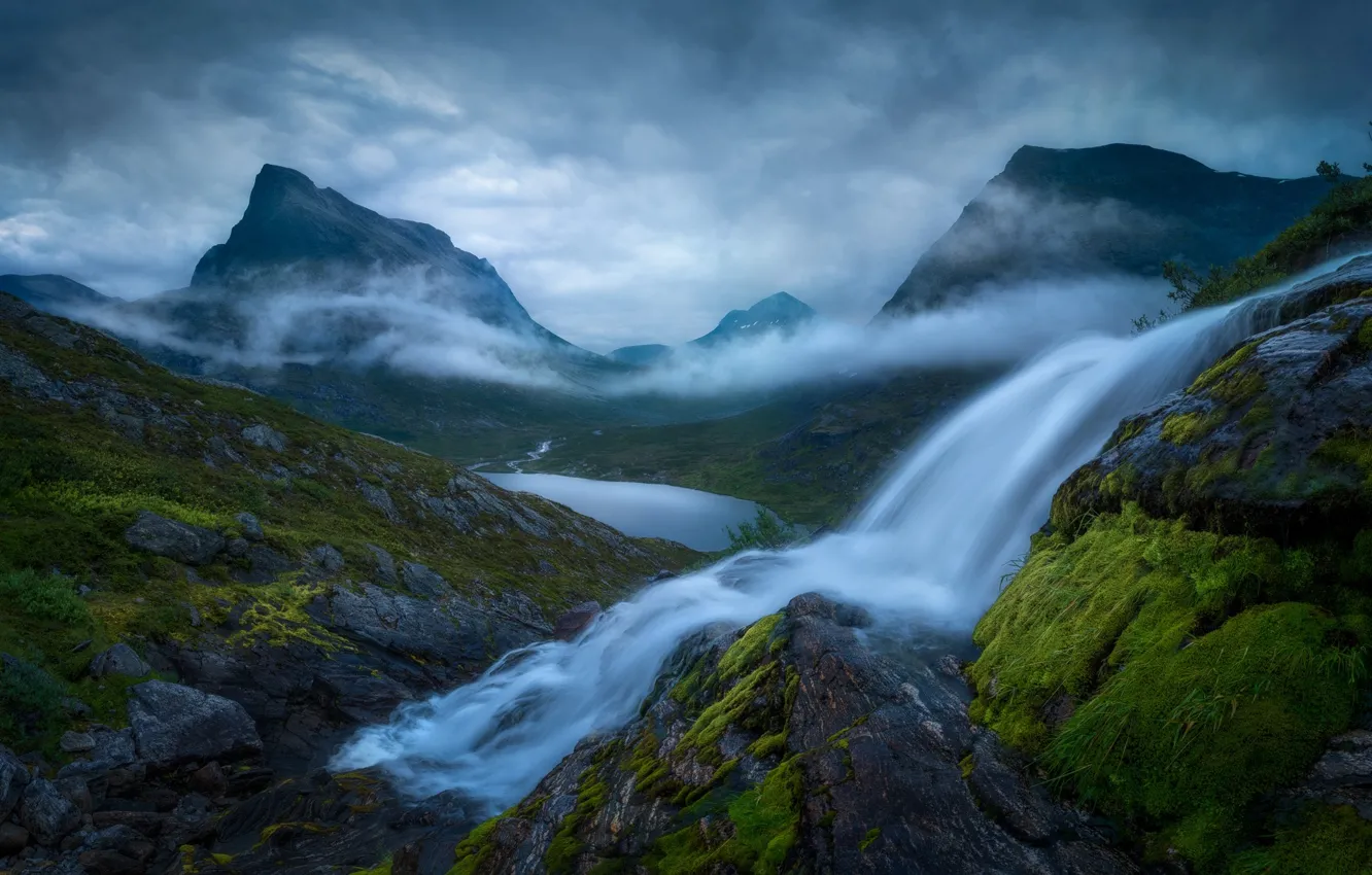 Photo wallpaper water, mountains, nature, stones, rocks, stream, Norway