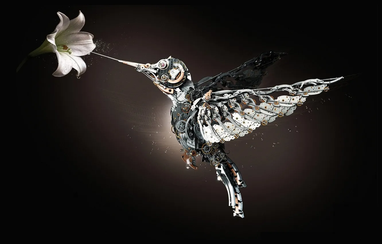 Photo wallpaper flowers, bird, Lily, robot, Hummingbird