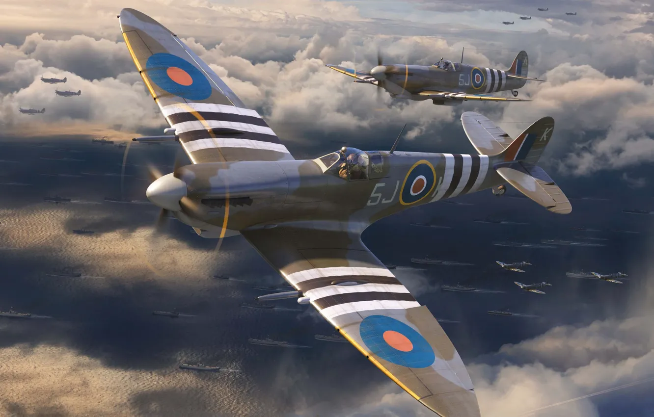 Photo wallpaper UK, Spitfire, RAF, Spitfire Mk.IXc, combat aircraft, Spitfire Mk.IX, Band of invading