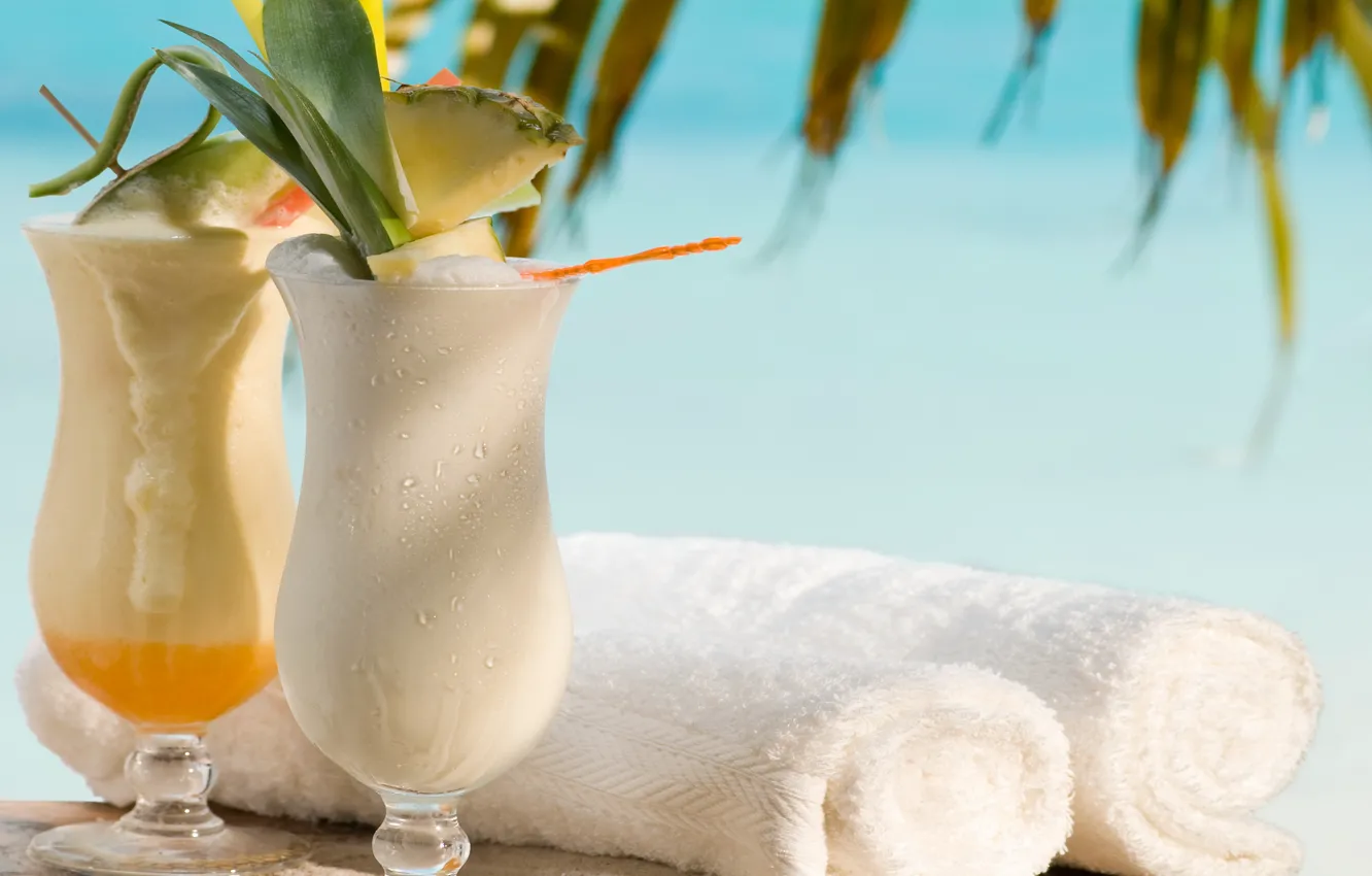 Photo wallpaper towel, cocktail, fruit, beach, fresh, fruit, drink, palms