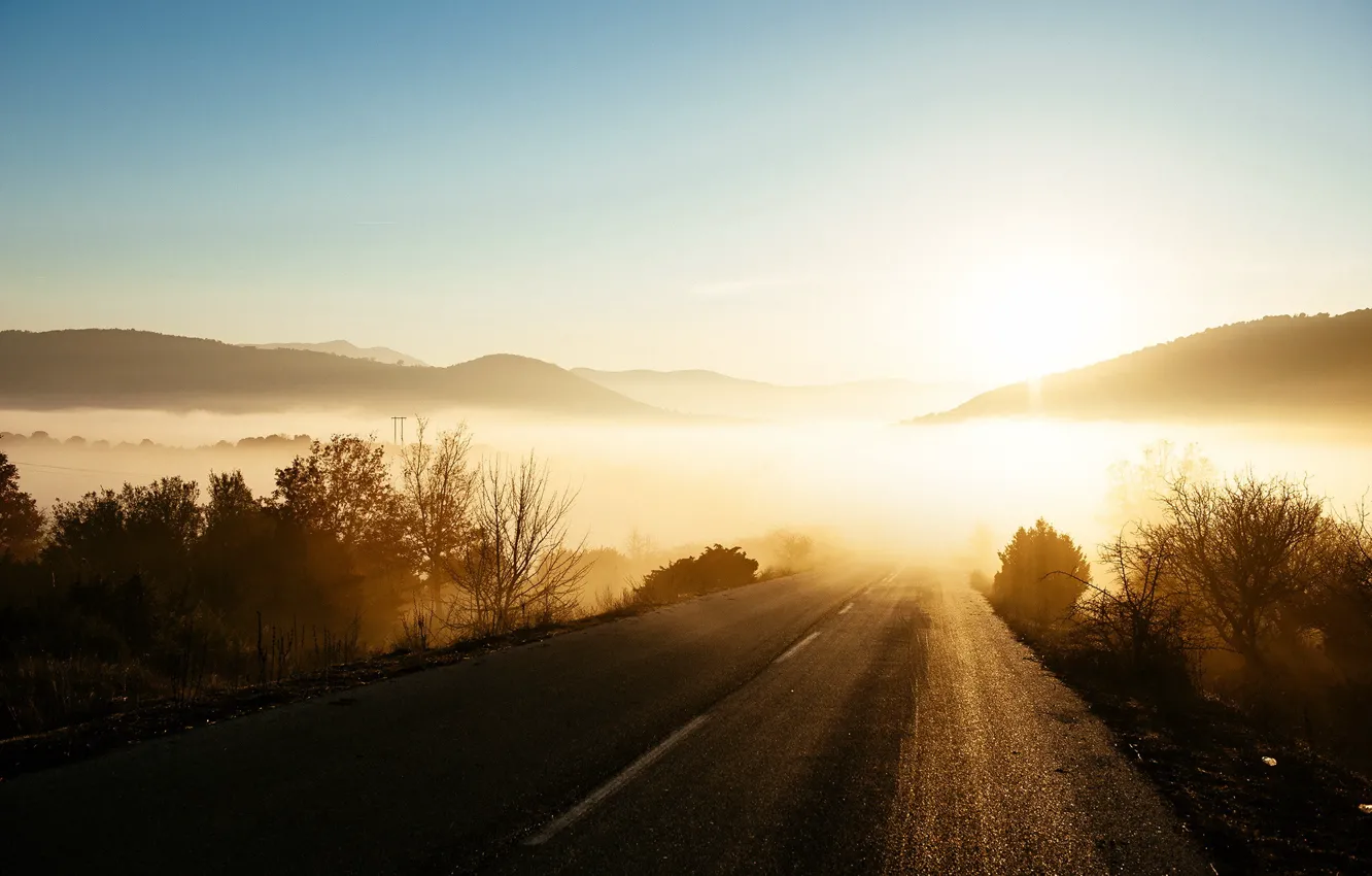 Photo wallpaper road, light, fog, morning