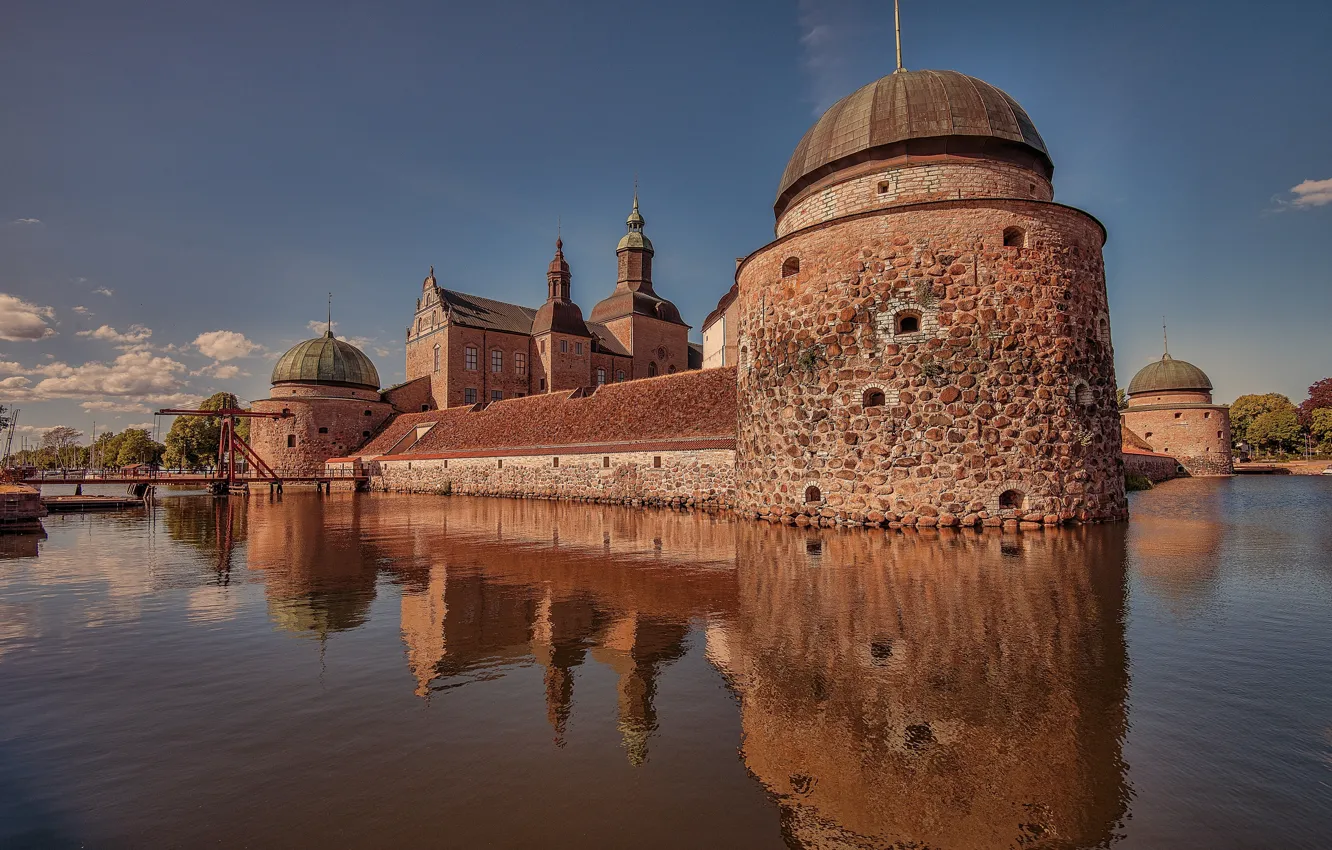 Photo wallpaper the sky, water, the sun, bridge, reflection, river, castle, Sweden