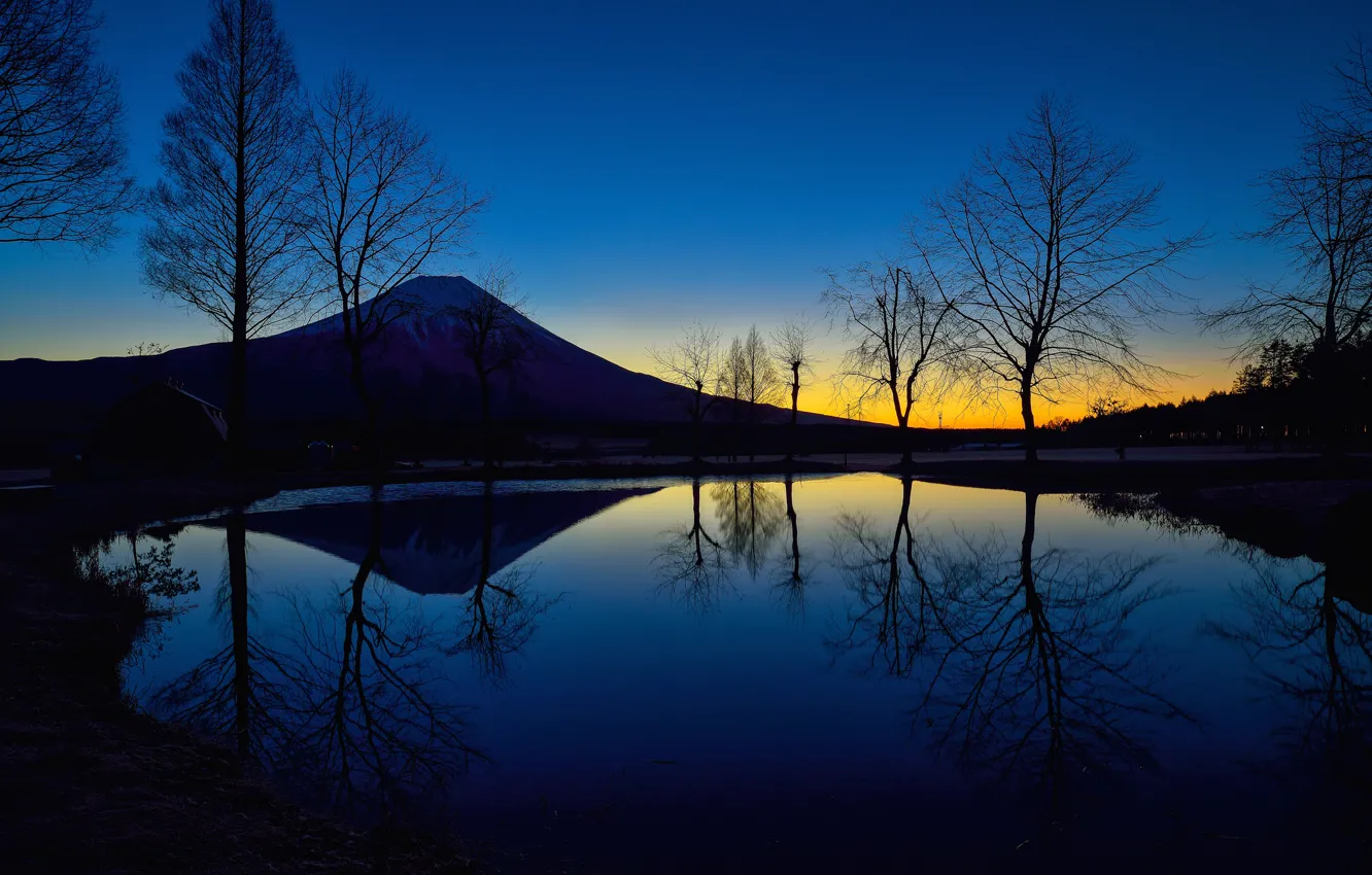 Photo wallpaper the sky, trees, lake, the evening, Japan, silhouette, glow, mount Fuji