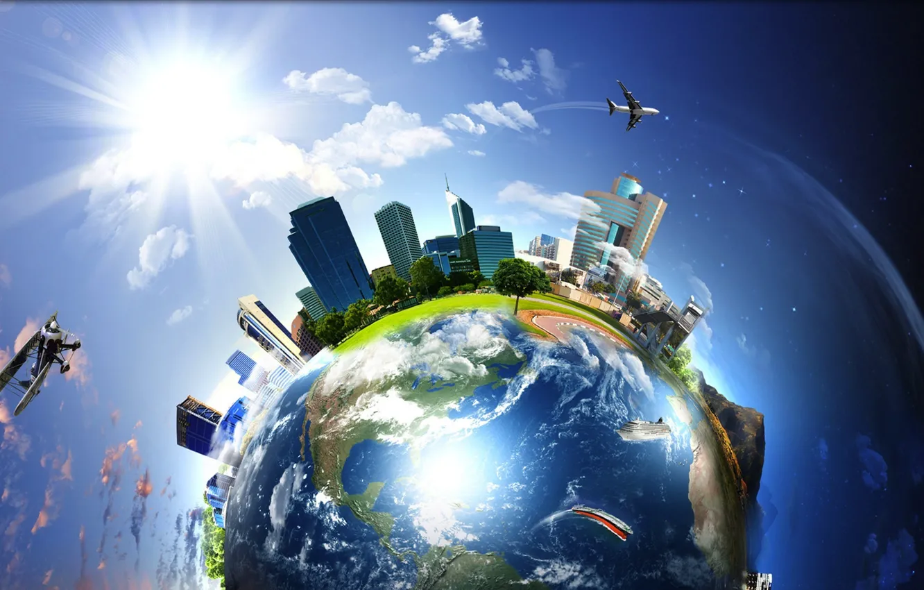 Photo wallpaper the sky, the city, earth, the plane