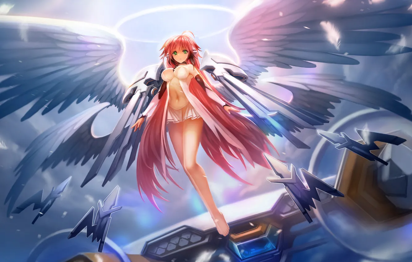 Photo wallpaper girl, weapons, wings, anime, art, halo, hanshu, sora no otoshimono