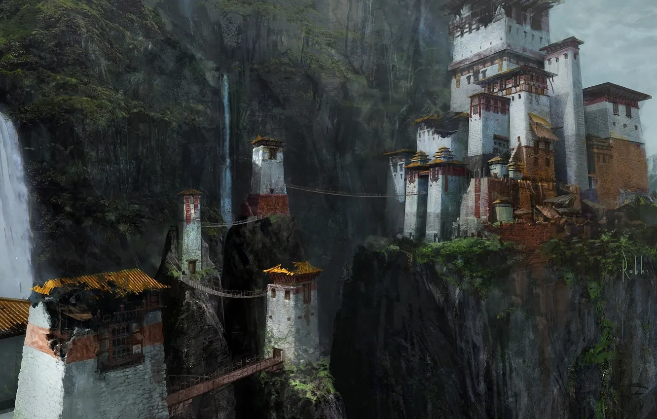 Photo wallpaper mountains, bridge, rocks, Asia, building, waterfall, devastation