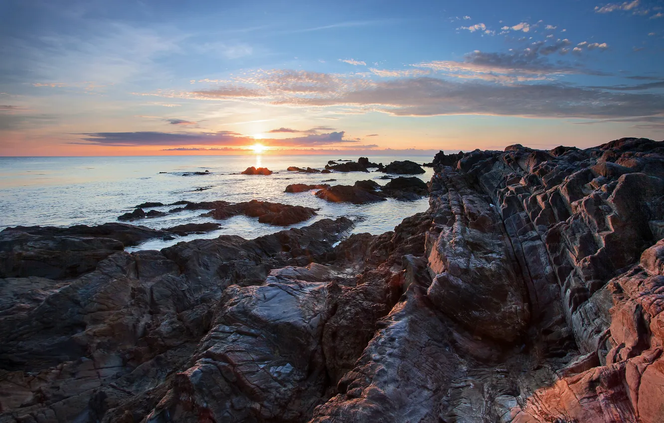 Photo wallpaper sea, the sun, stones, rocks, dawn, morning
