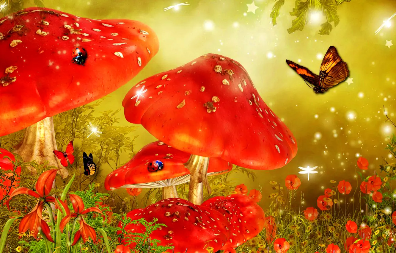 Photo wallpaper flowers, butterfly, mushrooms, tale