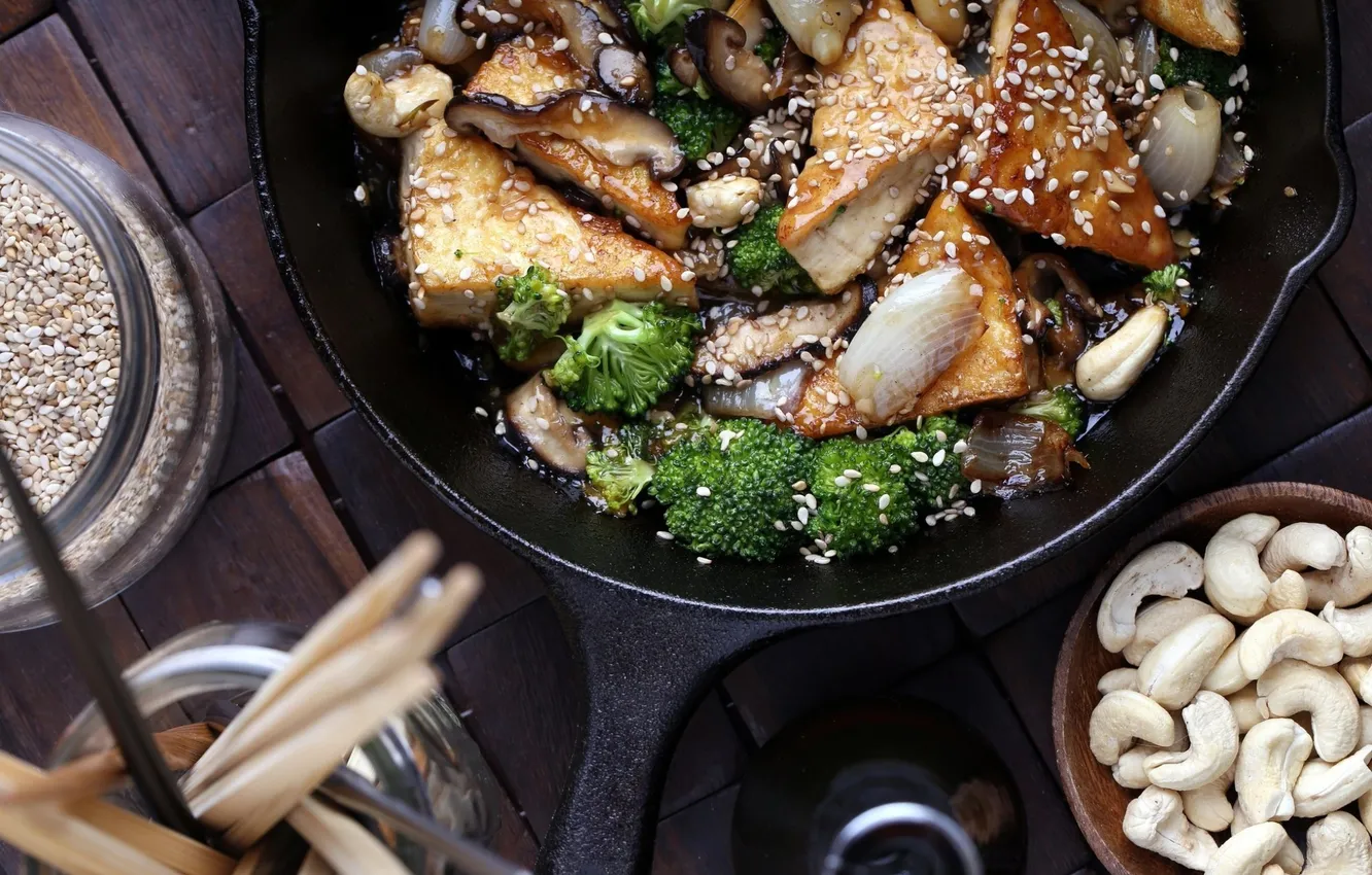 Photo wallpaper mushrooms, oil, food, bow, lunch, sesame, broccoli, pan