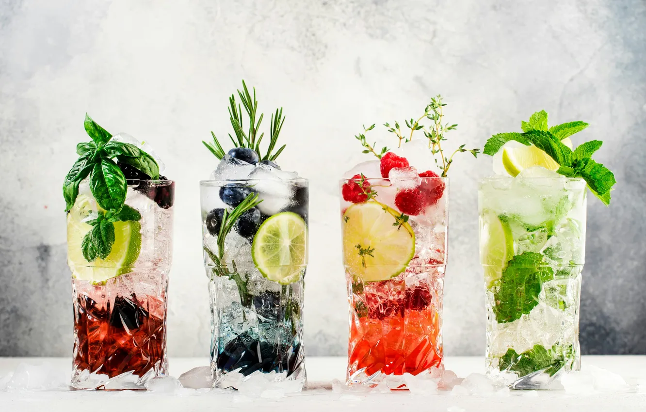 Photo wallpaper ice, bar, background, fruit, mint, alcohol, raspberries, Gin