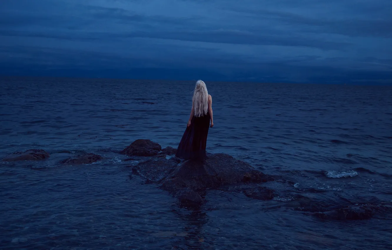 Photo wallpaper the sky, girl, clouds, stones, mood, dress, blonde, twilight
