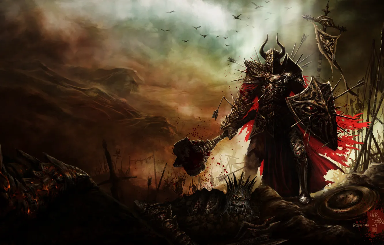 Photo wallpaper field, skull, armor, hammer, art, shield, battle, diablo 3