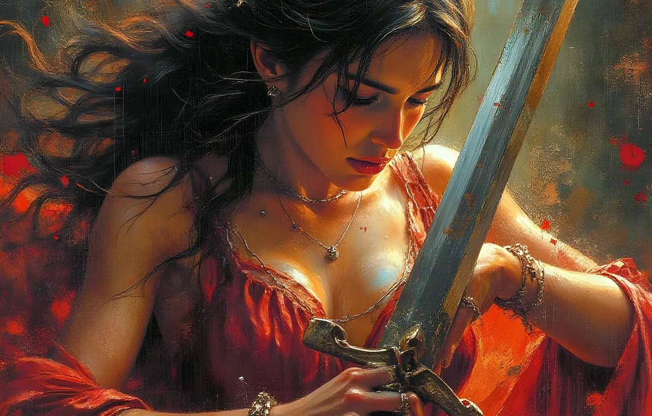 Photo wallpaper girl, pose, sword, brunette, fantasy, warrior, flowing hair, imitation painting