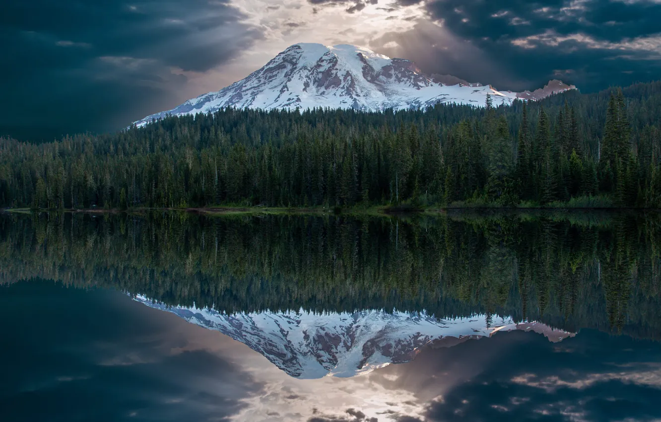 Photo wallpaper forest, snow, mountains, reflection, shore, pond