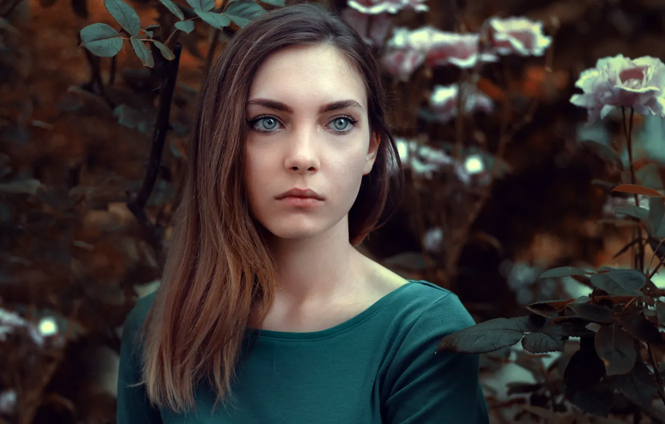 Photo wallpaper flowers, model, portrait, makeup, garden, hairstyle, brown hair, the bushes