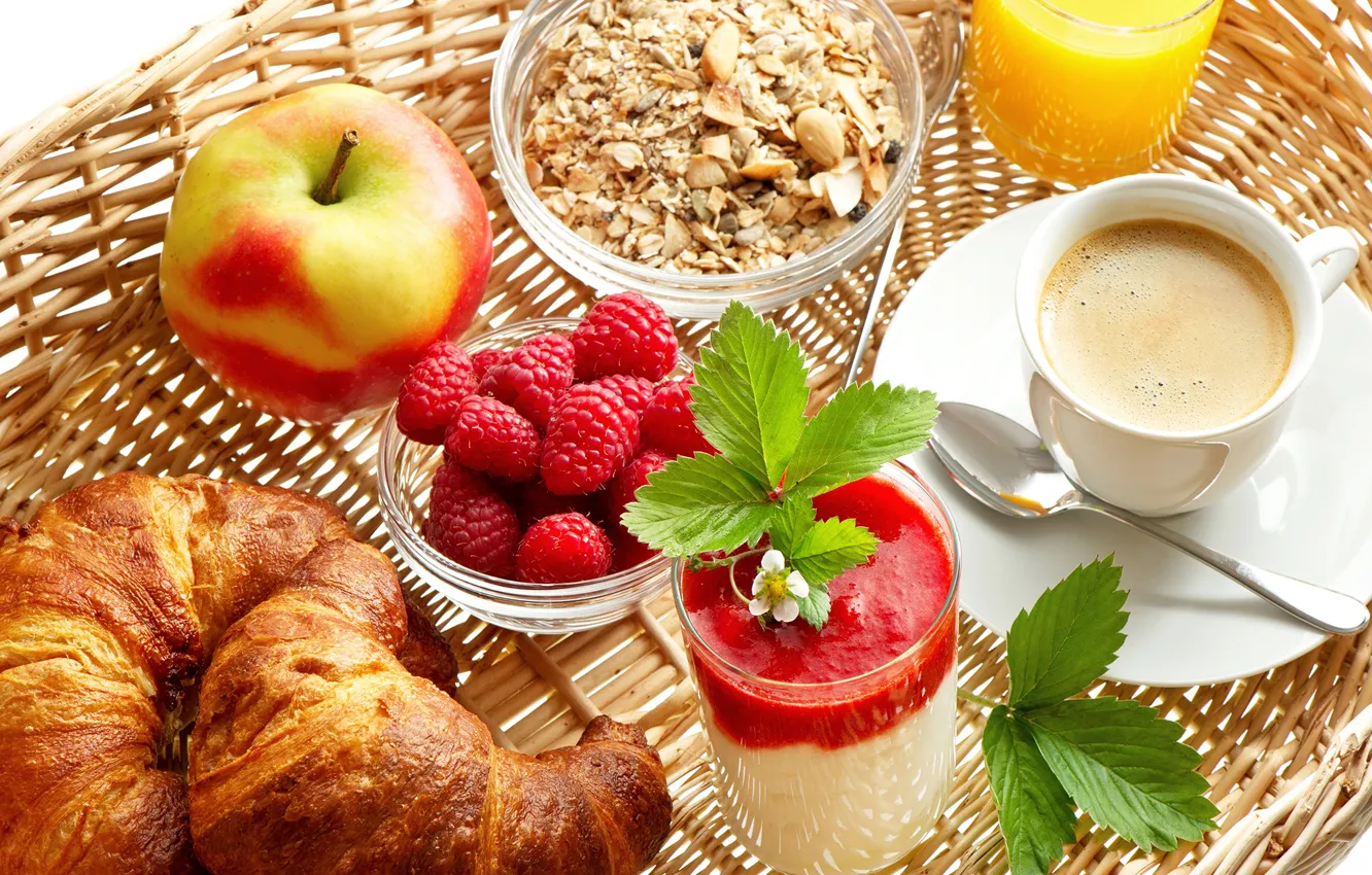 Photo wallpaper raspberry, apples, coffee, juice, croissant, muesli