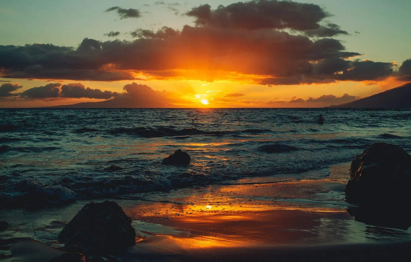 Photo wallpaper sea, sunset, shore, surf